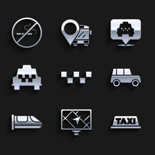 Set Taxi voiture toit, Appareil GPS avec carte, Voiture, Train à grande vitesse, Emplacement taxi et No Smoking icône. Vecteur — Image vectorielle