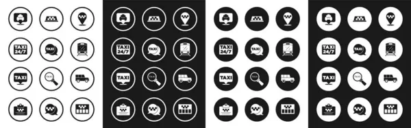 Establecer ubicación con taxi, servicio de llamadas de taxi, tren, techo del coche, coche y el icono. Vector — Archivo Imágenes Vectoriales