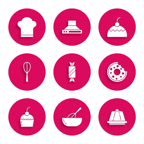 Set Candy, Kitchen whisk bowl, Pudding custard, Donut, Cake, and Chef hat icon. Vector — Stock Vector