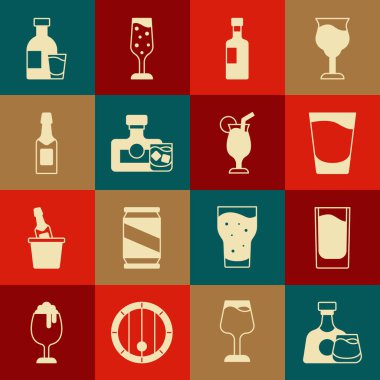 Viski şişesi ve bardak, shot, şarap, şampanya, bir şişe votka ve kokteyl ikonu. Vektör