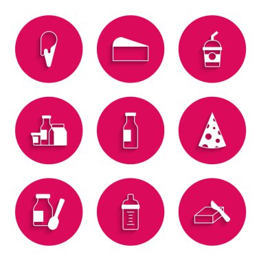 Sütlü şişe, biberonda bebek, tereyağı tabağı, peynir, yoğurt, süt ürünü, milkshake ve dondurma külahı ikonu. Vektör