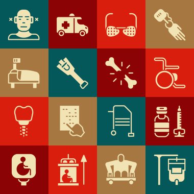 Serum torbası, şırınga, tekerlekli sandalye, kör gözlükler, protez bacak, hastane yatağı, sağır ve insan kırık kemik ikonu. Vektör