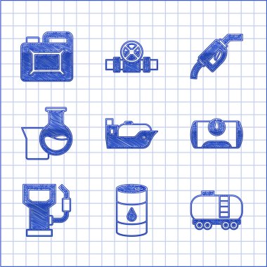 Petrol tankeri gemisi, fıçı yağı, demiryolu deposu, araç benzini, benzin istasyonu, benzin test tüpü, benzin pompası başlığı ve teneke motor ikonu ayarlayın. Vektör
