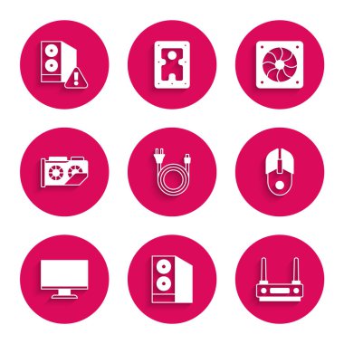 Elektrik prizi, Bilgisayar Vakası, Router ve wi-fi sinyali, Bilgisayar faresi, monitör ekran, video grafik kartı, soğutucu ve simge ayarlayın. Vektör