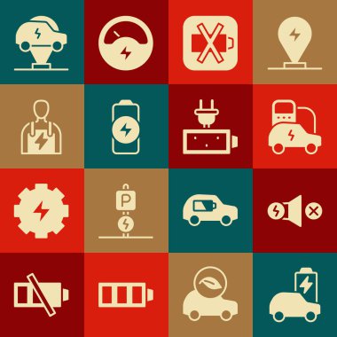 Elektrikli araba, motor, düşük akü, akü şarjı, araba tamircisi ve ikon ayarlayın. Vektör