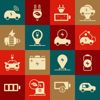 Elektrikli araba, pil şarjı, şarj evi, park elektriği, motor, akıllı sistem ve simge. Vektör