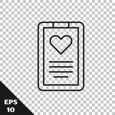 Şeffaf arka planda izole edilmiş klinik kayıt simgesi olan siyah çizgi tıbbi pano. Reçete, tıbbi kontrol işaretleri raporu. Vektör