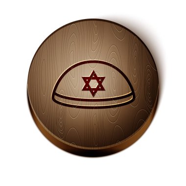 Kahverengi çizgi Yahudi kippah, beyaz arka planda izole edilmiş David ikon yıldızı. Yahudi şapkası. Tahta daire düğmesi. Vektör