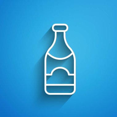 Beyaz çizgi şampanya şişesi ikonu mavi arka planda izole edilmiş. Mutlu Noeller ve mutlu yıllar. Uzun gölge. Vektör