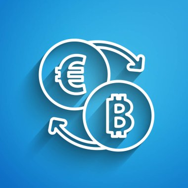 Mavi arka planda beyaz çizgi kripto döviz simgesi izole edildi. Bitcoin 'den Euro takas simgesine. Kripto para teknolojisi, mobil bankacılık. Uzun gölge. Vektör