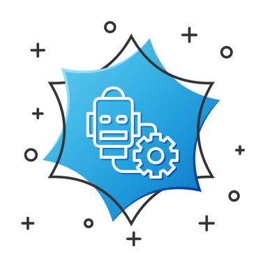 Beyaz çizgi robotu beyaz arkaplanda ikon ayarlıyor. Yapay zeka, makine öğrenme, bulut hesaplama. Mavi altıgen düğmesi. Vektör