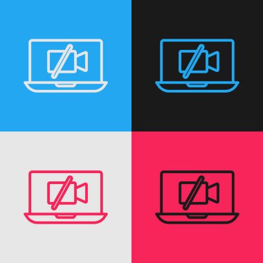 Pop Art Line Video kamera kapalı dizüstü bilgisayar ekranı simgesi renk arkaplan izole. Video yok. Vektör