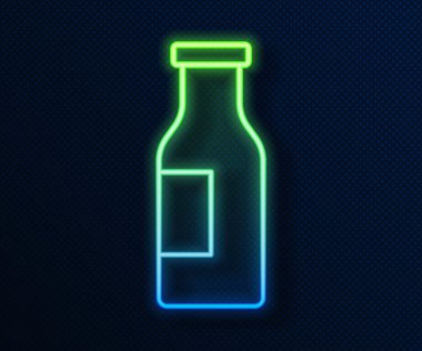 Parlak neon hattı mavi arka planda izole edilmiş süt ikonu olan kapalı cam şişe. Vektör