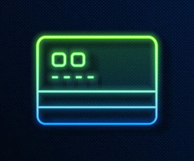 Parlayan neon hattı kredi kartı simgesi mavi arkaplanda izole edildi. Çevrimiçi ödeme. Nakit çekilmesi. Finansal operasyonlar. Alışveriş tabelası. Vektör