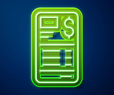 Parlayan neon hattı kağıt ya da finansal kontrol simgesi mavi arka planda izole edildi. Kağıt baskı çeki, makbuz ya da fatura. Vektör