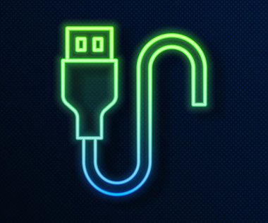 Parlayan neon hattı USB kablo ikonu mavi arkaplanda izole edildi. PC ve mobil cihazlar için bağlantı ve soketler. Vektör