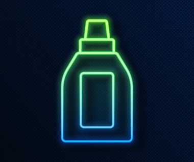 Parlak neon hattı. Çamaşır deterjanı, çamaşır suyu, bulaşık deterjanı ya da mavi arka planda izole edilmiş başka bir temizlik maddesi ikonu için plastik şişe. Vektör