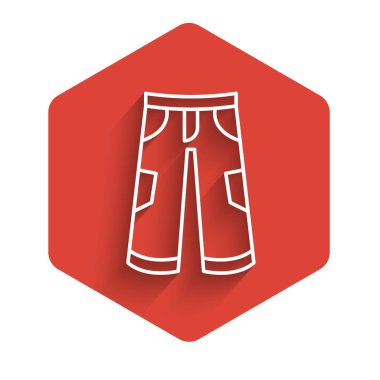 Beyaz Çizgili Pantolon simgesi uzun gölge arkaplanı ile izole edildi. Pantolon imzası. Kırmızı altıgen düğmesi. Vektör