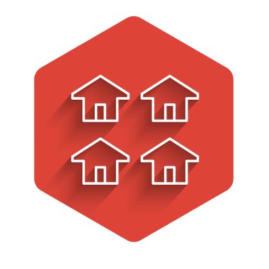 Beyaz çizgi ev simgesi uzun gölge arkaplanı ile izole edildi. Emlakçı ya da köy elit sınıfı. Kırmızı altıgen düğmesi. Vektör