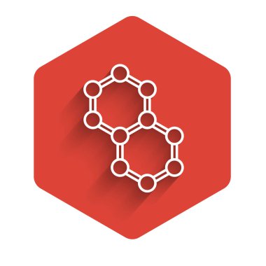 Beyaz çizgi Molekül simgesi uzun gölge arkaplanı ile izole edildi. Kimya moleküllerinin yapısı, fen öğretmenlerinin yenilikçi eğitim posteri. Kırmızı altıgen düğmesi. Vektör