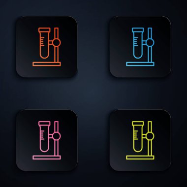 Renkli neon hattı cam tüp şişesi siyah arkaplanda izole edilmiş bir simge üzerinde. Laboratuvar ekipmanları. Kare düğmelere simgeleri yerleştir. Vektör