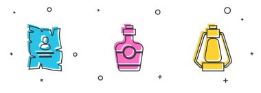 Set Aranıyor afişi, tekila şişesi ve kamp feneri ikonu. Vektör