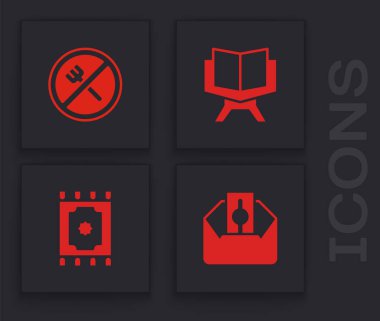 Bağış yapın ya da sadaka verin, Ramazan orucu tutun, Kuran 'ın kutsal kitabı ve geleneksel halı ikonu. Vektör