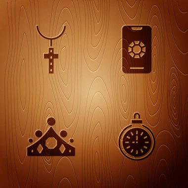Cep saatini ayarla, Hıristiyan haçını zincirle, King Crown ve Jewelry 'i tahta arka planda online alışveriş yap. Vektör