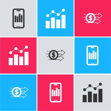 Grafik, mali büyüme ve dolar ikonu ile mobil ayarlayın. Vektör