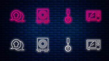 Elektrik sobası, pizza bıçağı, konuşma balonunda şef şapkası ve mikrodalga fırın. Tuğla duvarda parlayan neon simgesi. Vektör