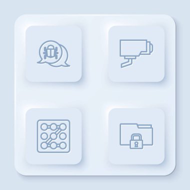 Hat hatasını, güvenlik kamerasını, grafik şifre korumasını, dizini ve kilidi ayarla. Beyaz kare düğme. Vektör