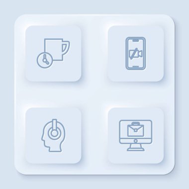 Saati ayarla, video kamera kapalı, Freelancer ve Online çalışıyor. Beyaz kare düğme. Vektör
