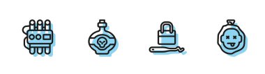 Kilit maymuncukları, dinamit ve zamanlayıcı saati, zehir şişesi ve cinayet ikonu olarak ayarla. Vektör