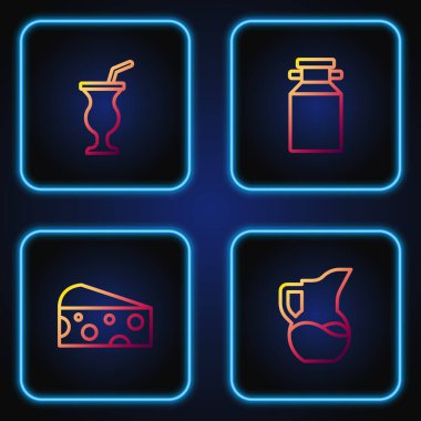 Süt ya da sürahi, peynir, milkshake ve konserve kutusu. Renk simgeleri. Vektör