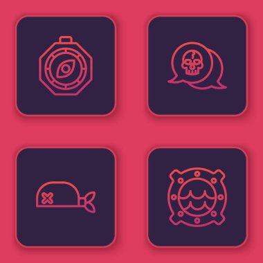 Pusula, kafa için korsan bandanası, deniz manzaralı Kafatası ve Gemi penceresi. Mavi kare düğme. Vektör