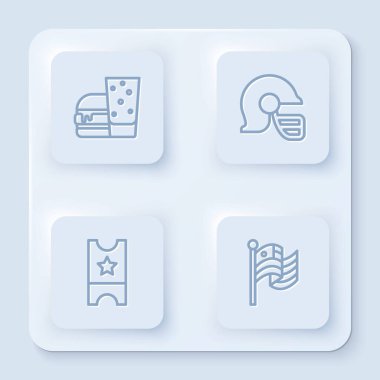 Çizgi Burger, Amerikan futbol kaskı, beyzbol bileti ve bayrak. Beyaz kare düğme. Vektör