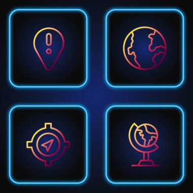 Dünya küresi, pusula, ünlem işareti ve konumu ayarlayın. Renk simgeleri. Vektör