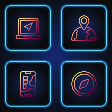 Hat pusulası, şehir haritası navigasyonu, konum işaretleyicili dizüstü bilgisayar ve küreyi konumlandır. Renk simgeleri. Vektör