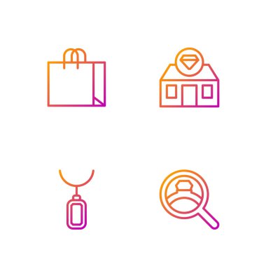 Elmas nişan yüzüğü, kolye, alışveriş çantası mücevheri ve kuyumcu. Renk simgeleri. Vektör