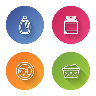 Temizlik malzemesi, çamaşır makinesi ve sabun köpüklü leğen için bir şişe ayarla. Renkli daire düğmesi. Vektör