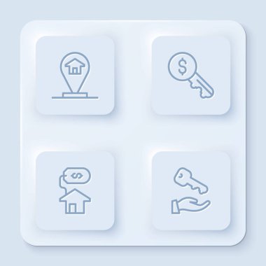 Hat konumu, kira anahtarı, dolar ve ev. Beyaz kare düğme. Vektör