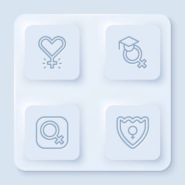 Feminizm, Öğretmen, Kadın Cinsiyeti ve Cinsiyet Kalkanı. Beyaz kare düğme. Vektör