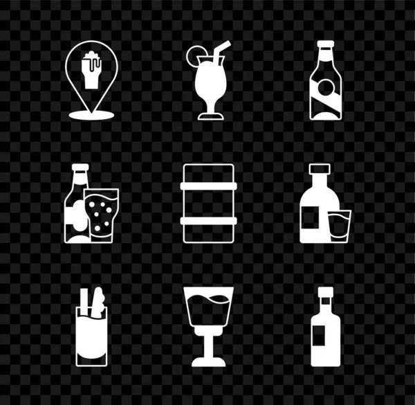 アルコールやビールバーの場所、カクテル、ビールボトル、ブラッディ・メアリー、ワイングラス、メタル・ケグのアイコンを設定します。ベクトル — ストックベクタ