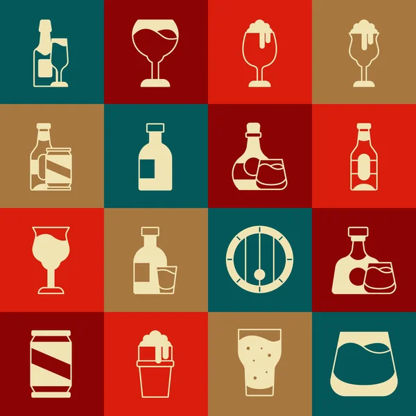 Set vaso de whisky, botella de whisky y vaso, cerveza, cerveza, vodka, lata, champán e icono. Vector — Vector de stock