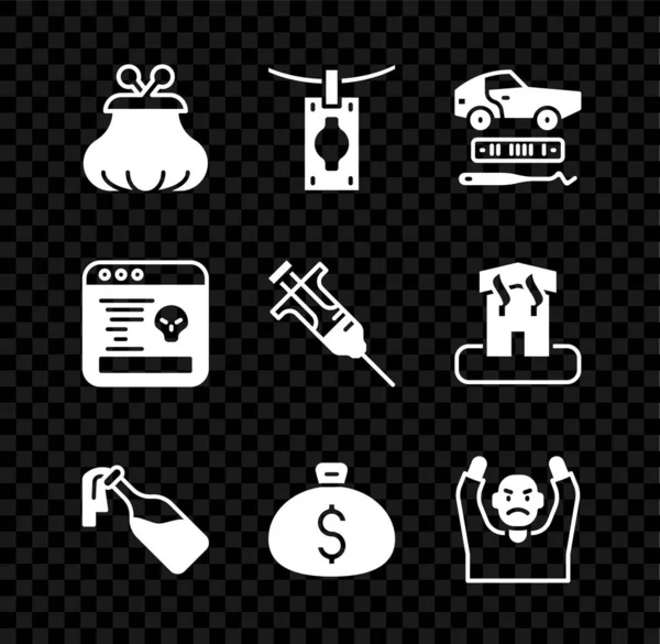 Set Monedero, Lavado de dinero, Robo de coches, Coctel molotov, bolsa, Ladrón entregando manos arriba, Error del sistema e icono de la jeringa. Vector — Archivo Imágenes Vectoriales