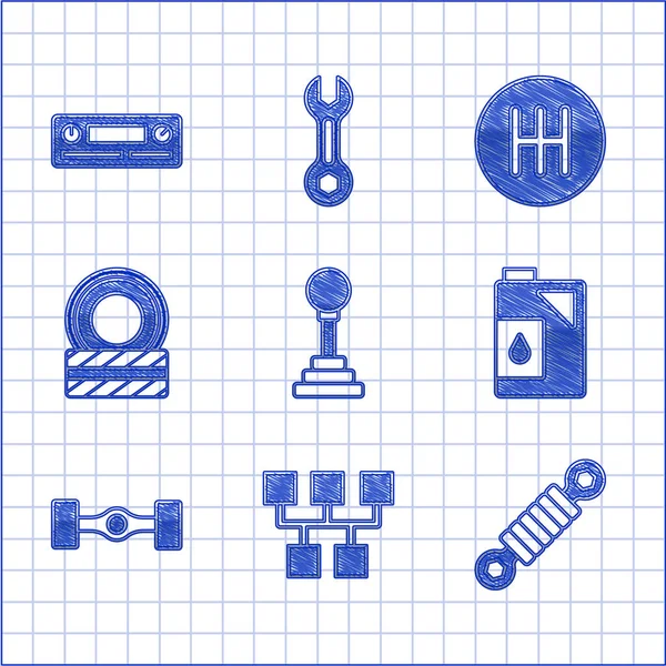 Set cambio marcia, ammortizzatore, tanica per olio motore, auto telaio, ruota pneumatici auto, e icona audio. Vettore — Vettoriale Stock