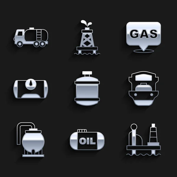 Set Réservoir de gaz propane, stockage de pétrole, plate-forme dans la mer, navire-citerne, véhicule à gaz, Emplacement et station et icône de camion-citerne. Vecteur — Image vectorielle