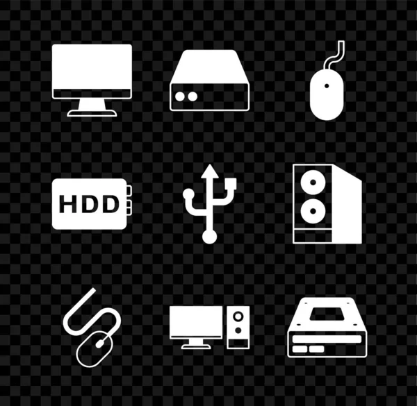 Définir écran de moniteur d'ordinateur, serveur, données, hébergement Web, souris, lecteur de disque optique, disque dur et icône USB. Vecteur — Image vectorielle