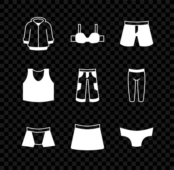 Set sweat à capuche, soutien-gorge, short ou pantalon, culotte homme, jupe, maillot de corps et pantalon icône. Vecteur — Image vectorielle