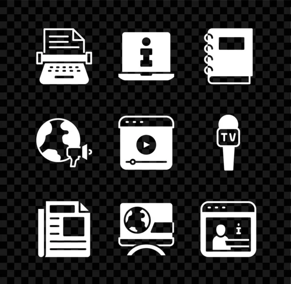 Set Retro typemachine, Informatie, Notebook, Nieuws, Breaking news, Wereld en Live stream icoon. Vector — Stockvector